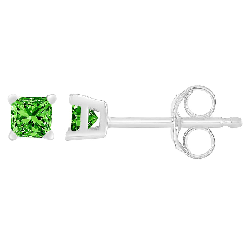 .925 Sterling Silver 3/8 Cttw Princess-Cut Square Green Diamond Stud Earrings (Fancy Color-Enhanced, I2-I3 Clarity)