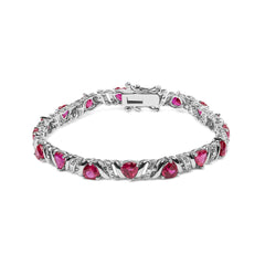.925 Sterling Silver Created Heart Shape Red Ruby and White Diamond Accent Link Bracelet (I-J Color, I3 Clarity)- 7.25" Inches