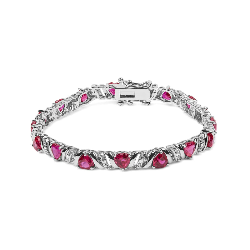 .925 Sterling Silver Created Heart Shape Red Ruby and White Diamond Accent Link Bracelet (I-J Color, I3 Clarity)- 7.25