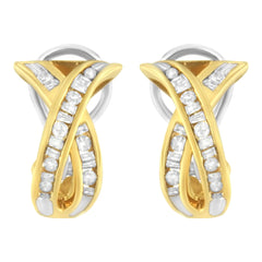 14K Yellow and White Gold 1/2 TDW "X" Shape Cross Over Diamond Hoop Earrings (I-J, I2-I3)