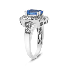 .925 Sterling Silver Diamond Accent and 8X6 mm Emerald-Shape Blue Topaz Ring (I-J Color, I2-I3 Clarity)