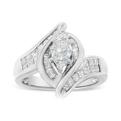 14K White Gold 1 1/4 Cttw Pie, Baguette and Princess cut Diamond Marquise Shape Engagement Cocktail Ring (H-I Color, SI2-I1 Clarity)