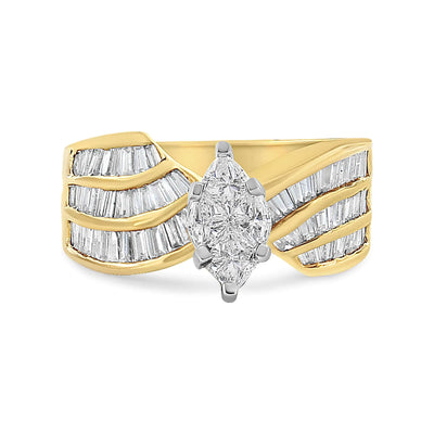 14K White and Yellow Gold 1 1/4 Cttw Pie and Baguette-Cut Diamond Marquise Shape Engagement Bypass Ring (H-I Color, VS1-VS2 Clarity)
