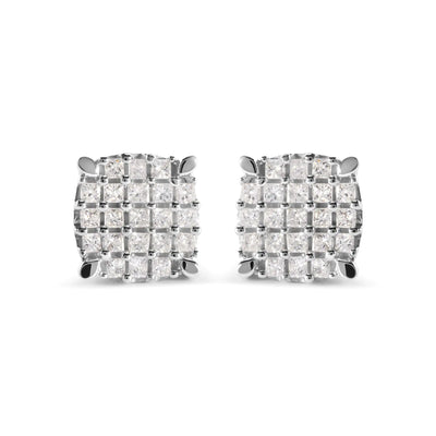 10K White Gold 3/4 Cttw Princess Diamond Composite Cushion Shape Stud Earrings (I-J Color, I1-I2 Clarity)