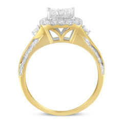10K Yellow Gold 1.0 Cttw Diamond Composite Cushion-Shape Halo 3-Band-Look Engagement Ring (H-I Color, SI1-SI2 Clarity)