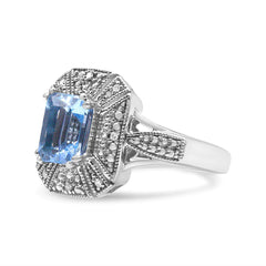 .925 Sterling Silver Diamond Accent and 8X6 mm Emerald-Shape Blue Topaz Ring (I-J Color, I2-I3 Clarity)