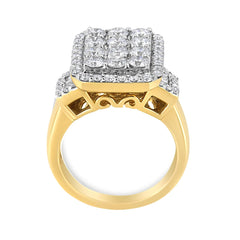 14K Yellow Gold 2 1/4 Cttw Round and Baguette-Cut Diamond Emerald Shape with Halo Cocktail Ring (H-I Color, SI1-SI2 Clarity)