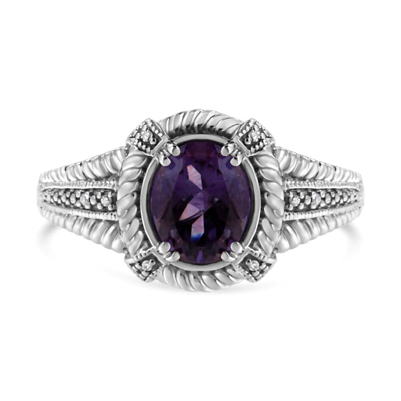 .925 Sterling Silver Prong Set Natural Oval Shape 9X7 MM Purple Amethyst Solitaire and Diamond Accent Ring (I-J Color, I1-I2 Clarity)