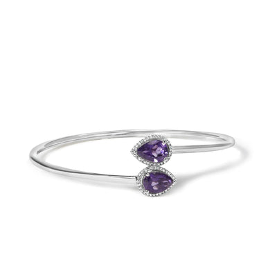 .925 Sterling Silver 8 x 5.5mm Pear Shape Amethyst  and Diamond Accent Halo Bypass Bangle Bracelet (H-I Color, SI1-SI2 Clarity)  - Fits up to 7