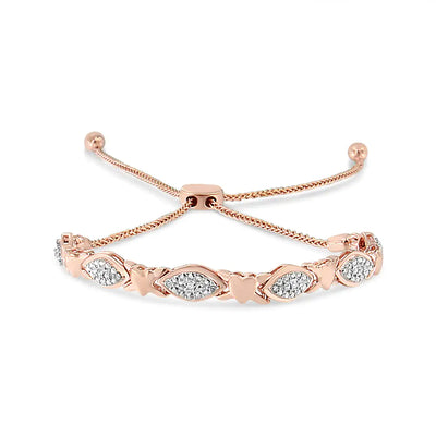 14K Rose Gold Plated .925 Sterling Silver Diamond Accent Alternating Marquise Shape and Heart Links Bolo Bracelet (I-J Color, I3 Clarity) - Adjustable 6