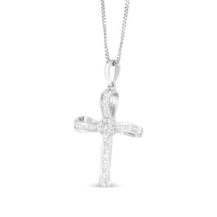 .925 Sterling Silver 1/4 Cttw Diamond Floral Cluster Cross Pendant Necklace (I-J Color, I2-I3 Clarity)