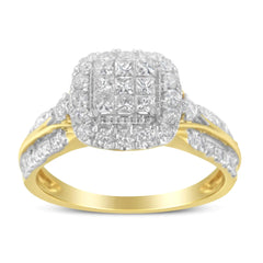 10K Yellow Gold 1.0 Cttw Diamond Composite Cushion-Shape Halo 3-Band-Look Engagement Ring (H-I Color, SI1-SI2 Clarity)